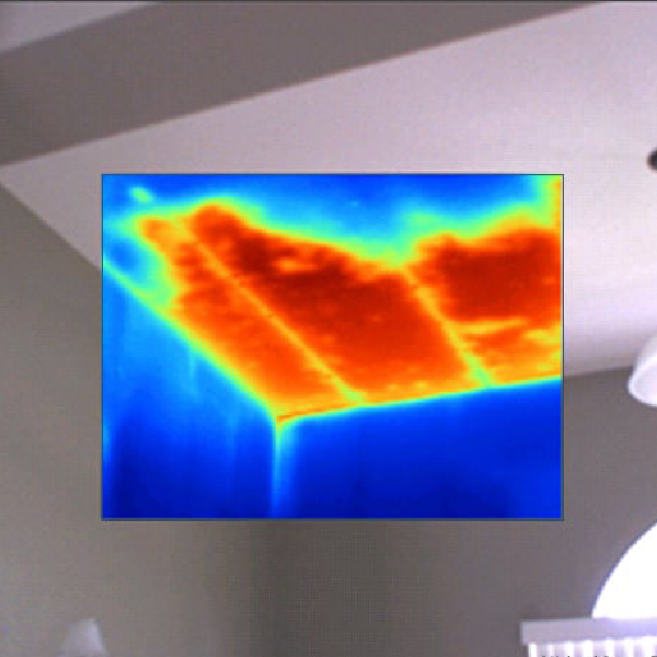 An infrared image exposing unseen moisture in the top corner of an interior residential wall.